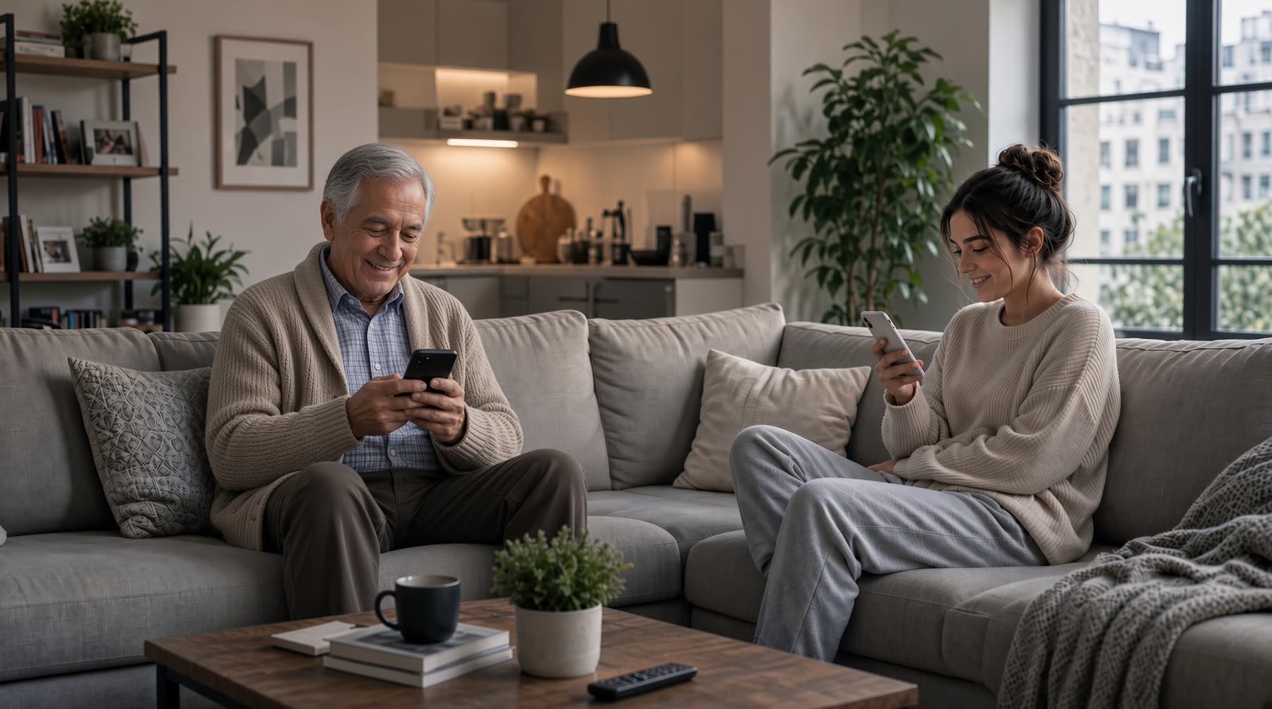 Le soir, sur une table de cuisine, une main prend un t&eacute;l&eacute;phone.